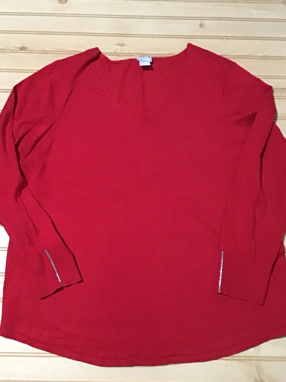 Chicos Red Caviar Silver Trim Cuff Sleeve V-Neck Long Sleeve‎ Knit Sweater Top 3 - Picture 1 of 10